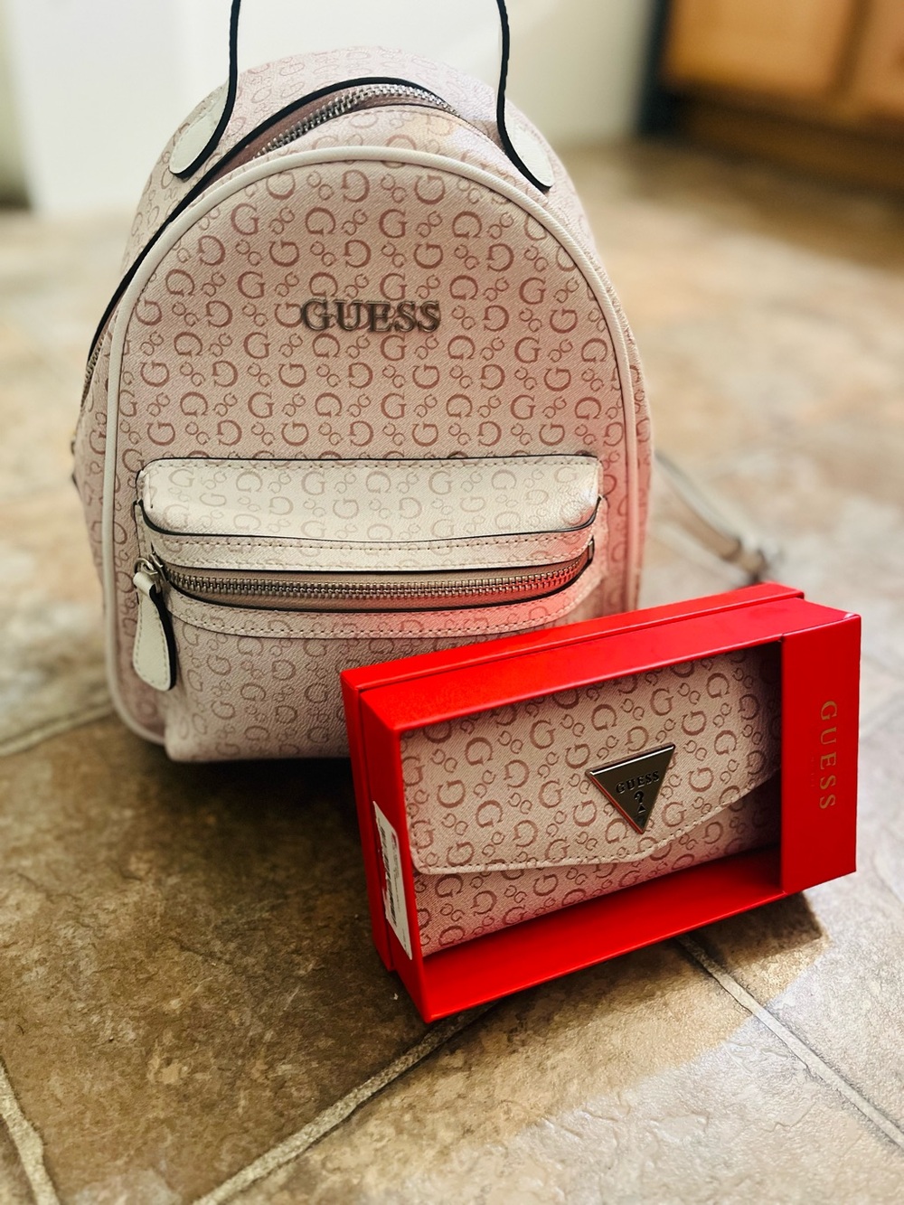 Guess Mini Backpack and Continental Wallet Set Pink Signature G Logo NWT